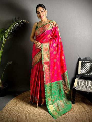 Pink & Green Patola Print Linen Silk Saree with Zari Border