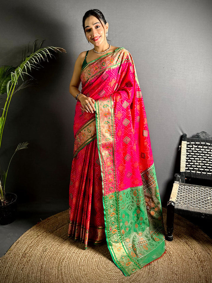 Pink & Green Patola Print Linen Silk Saree with Zari Border