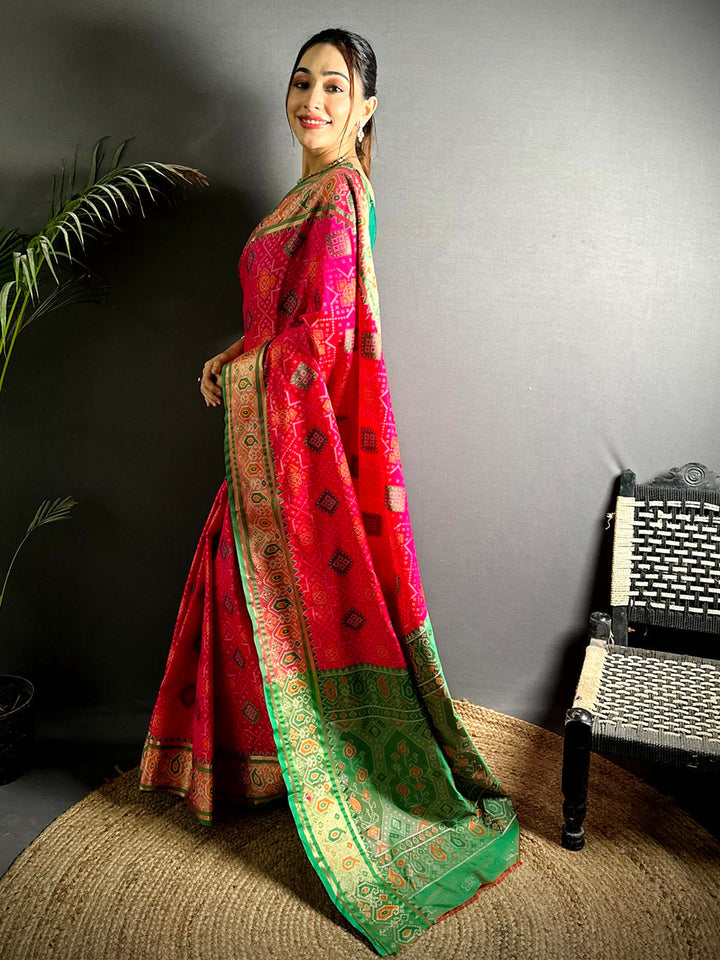 Pink & Green Patola Print Linen Silk Saree with Zari Border