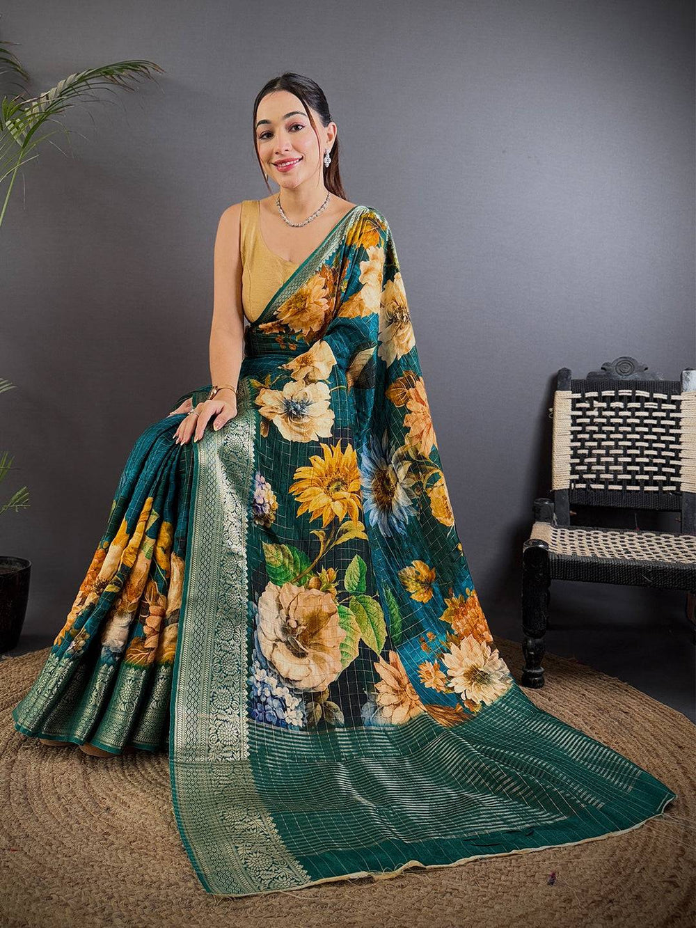Teal Green Linen Silk Saree with Large Floral Print & Zari Woven Border