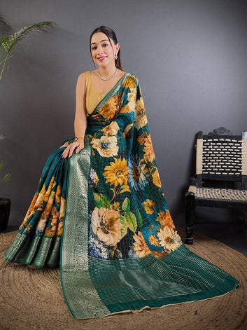 Teal Green Linen Silk Saree with Large Floral Print & Zari Woven Border