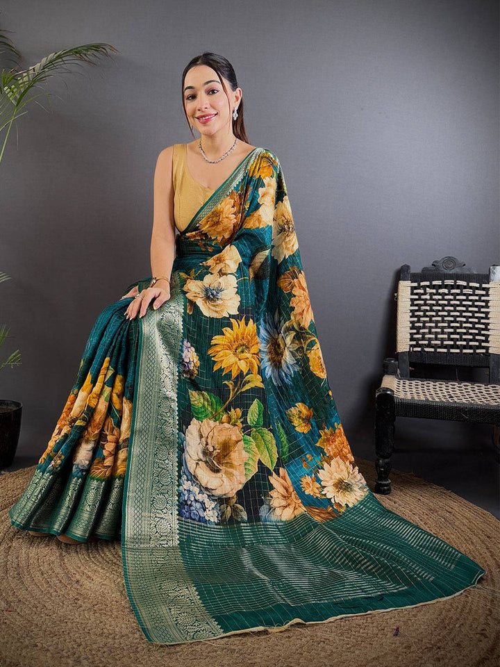 Teal Green Linen Silk Saree with Large Floral Print & Zari Woven Border