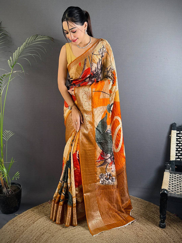 Orange & Beige Linen Silk Saree with Bold Floral Print & Zari Woven Border