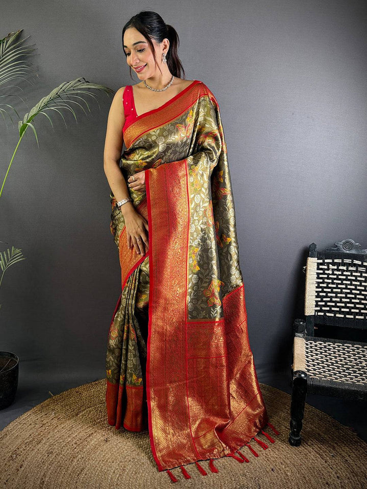 Red & Gold Banarasi Silk Saree with Intricate Woven Floral Zari Work