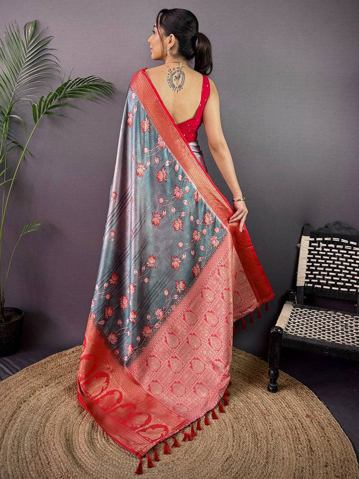 Red & Grey Banarasi Silk Saree with Floral Motifs and Rich Zari Woven Pallu
