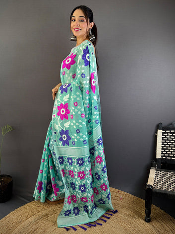 Mint Green Linen Cotton Saree with Bold Floral Print & Contrast Tassel Pallu