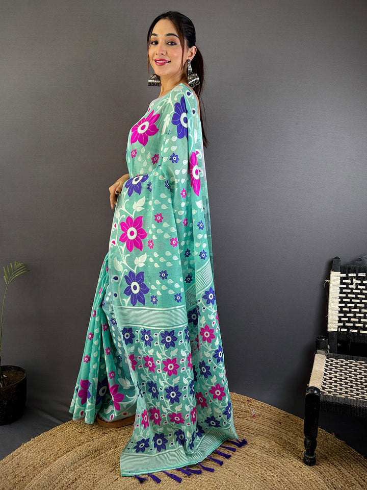 Mint Green Linen Cotton Saree with Bold Floral Print & Contrast Tassel Pallu