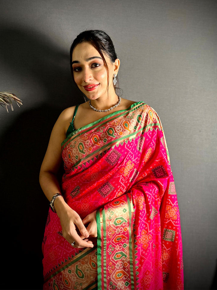 Pink & Green Patola Print Linen Silk Saree with Zari Border