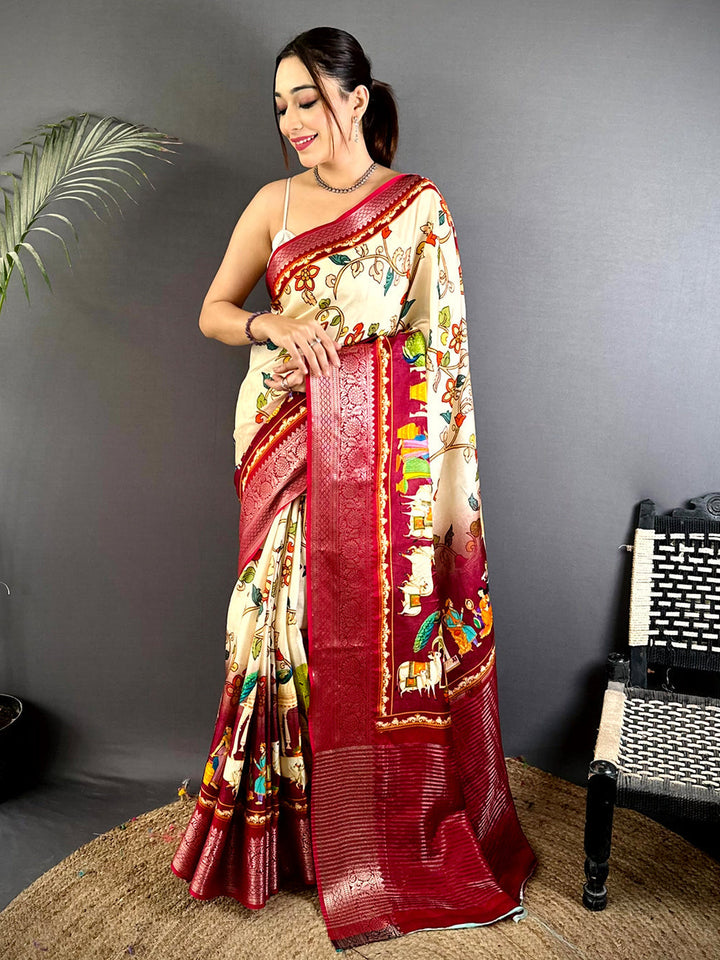 Cream Linen Silk Saree with Multicolor Floral Print & Maroon Zari Woven Border