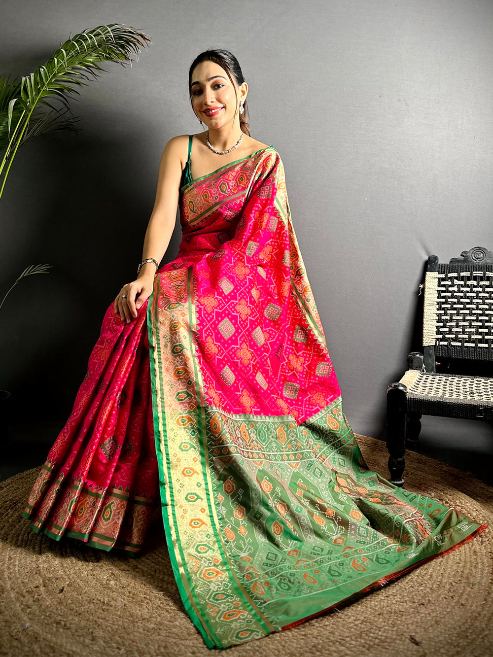 Pink & Green Patola Print Linen Silk Saree with Zari Border