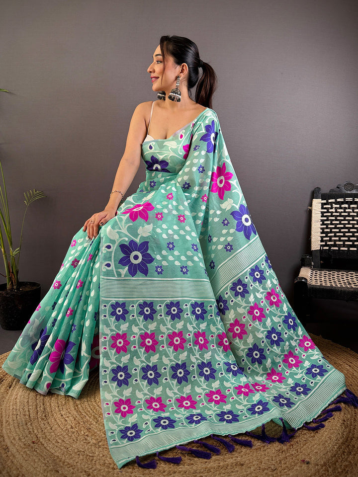 Mint Green Linen Cotton Saree with Bold Floral Print & Contrast Tassel Pallu
