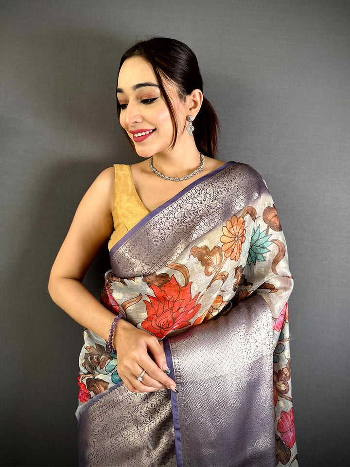 Lavender Linen Silk Saree with Floral Print & Zari Woven Pallu