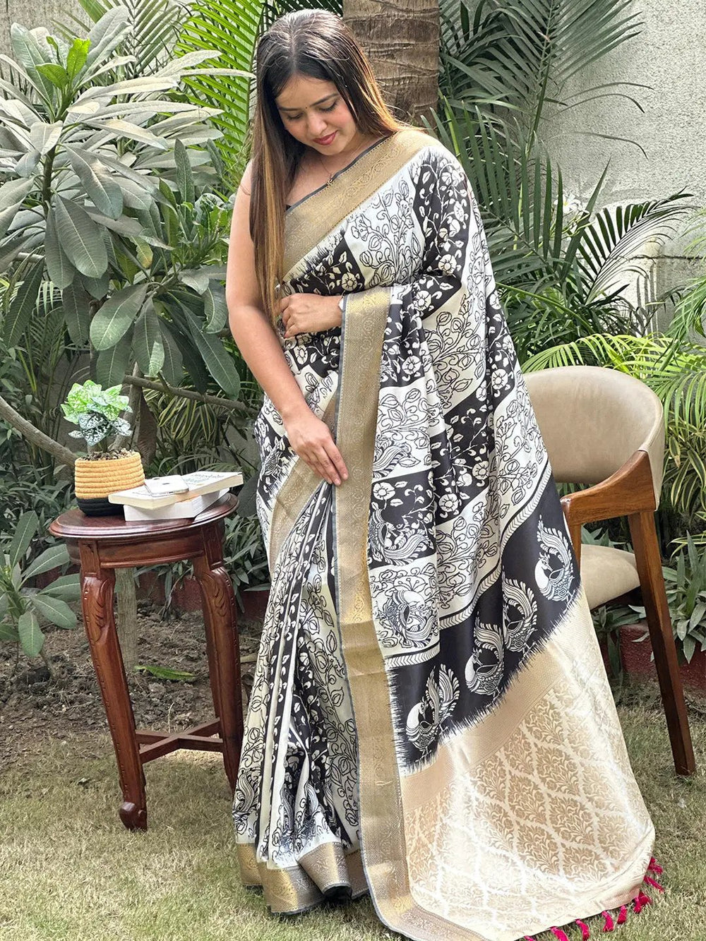 Black & Cream Linen Silk Saree with Artistic Madhubani Print & Golden Zari Borde