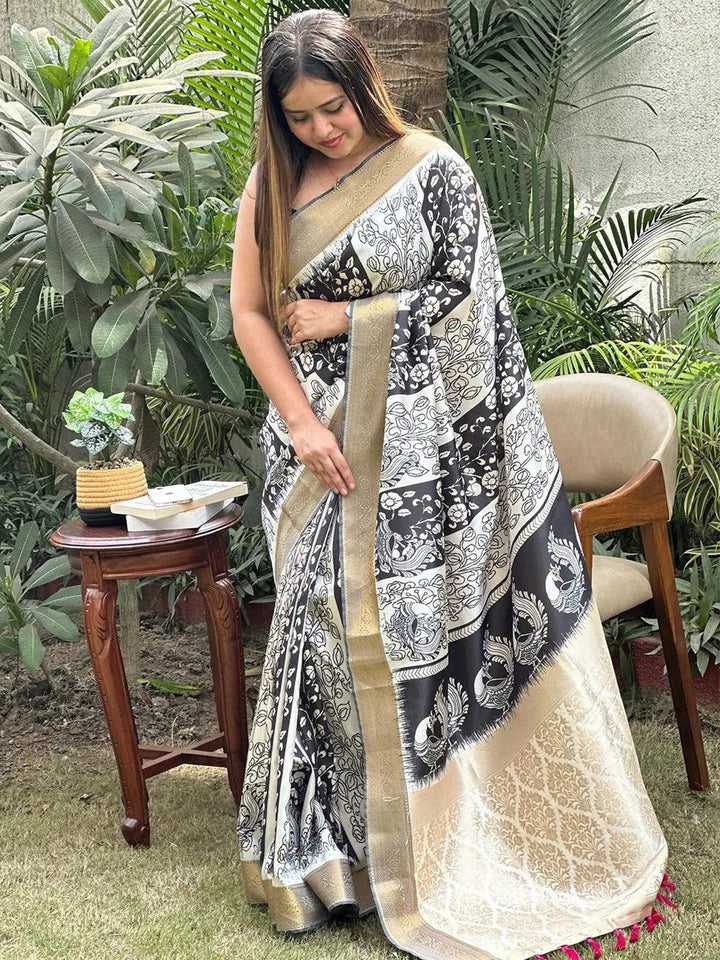 Black & Cream Linen Silk Saree with Artistic Madhubani Print & Golden Zari Borde