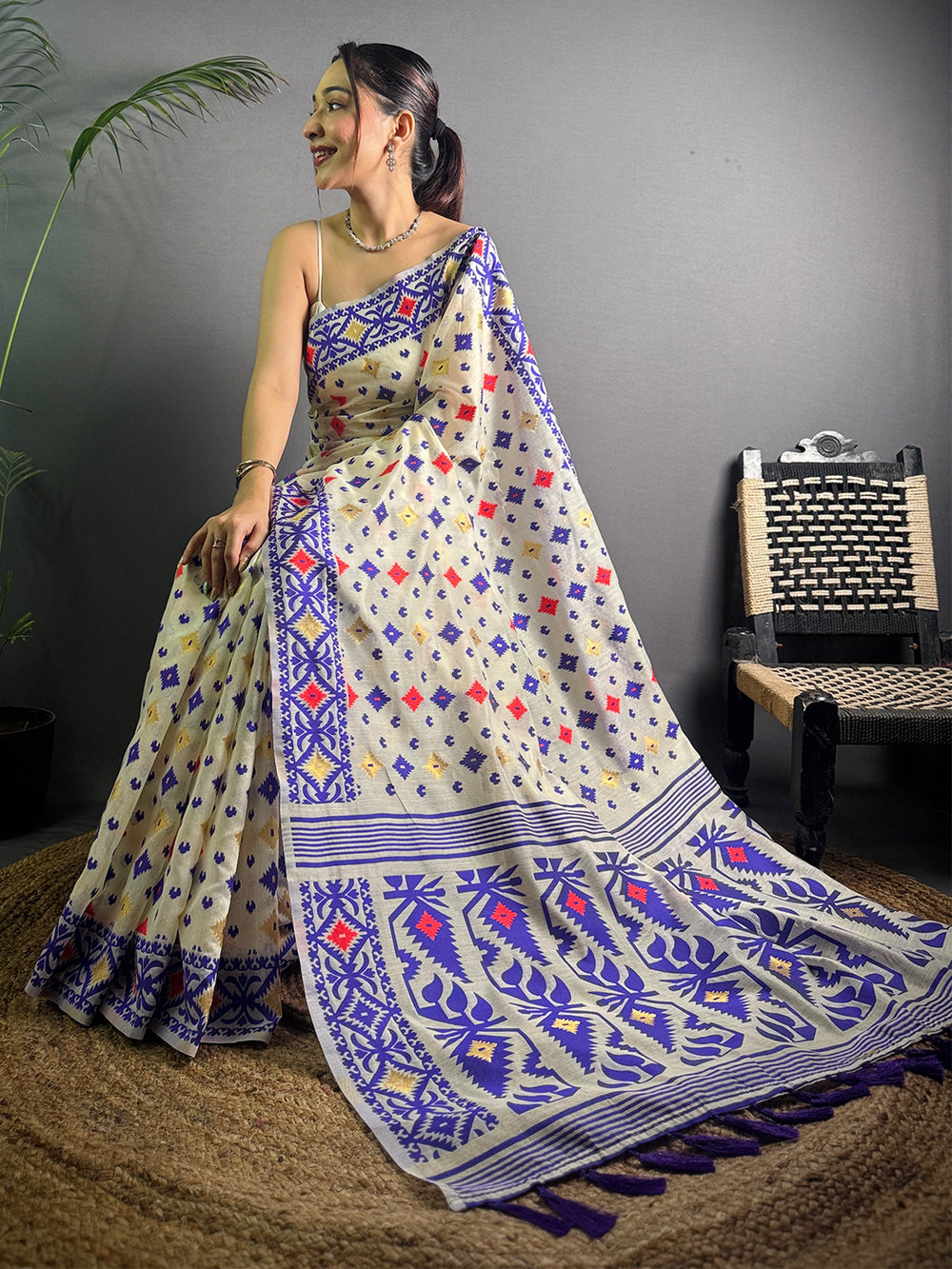 Cream Linen Cotton Saree with Multicolor Tribal Print & Indigo Border