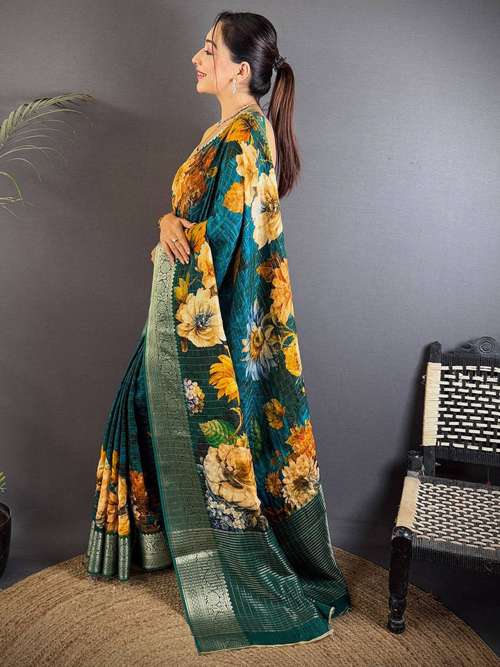 Teal Green Linen Silk Saree with Large Floral Print & Zari Woven Border