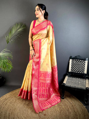 Golden Linen Silk Saree with Pink Zari Woven Border & Butta Work