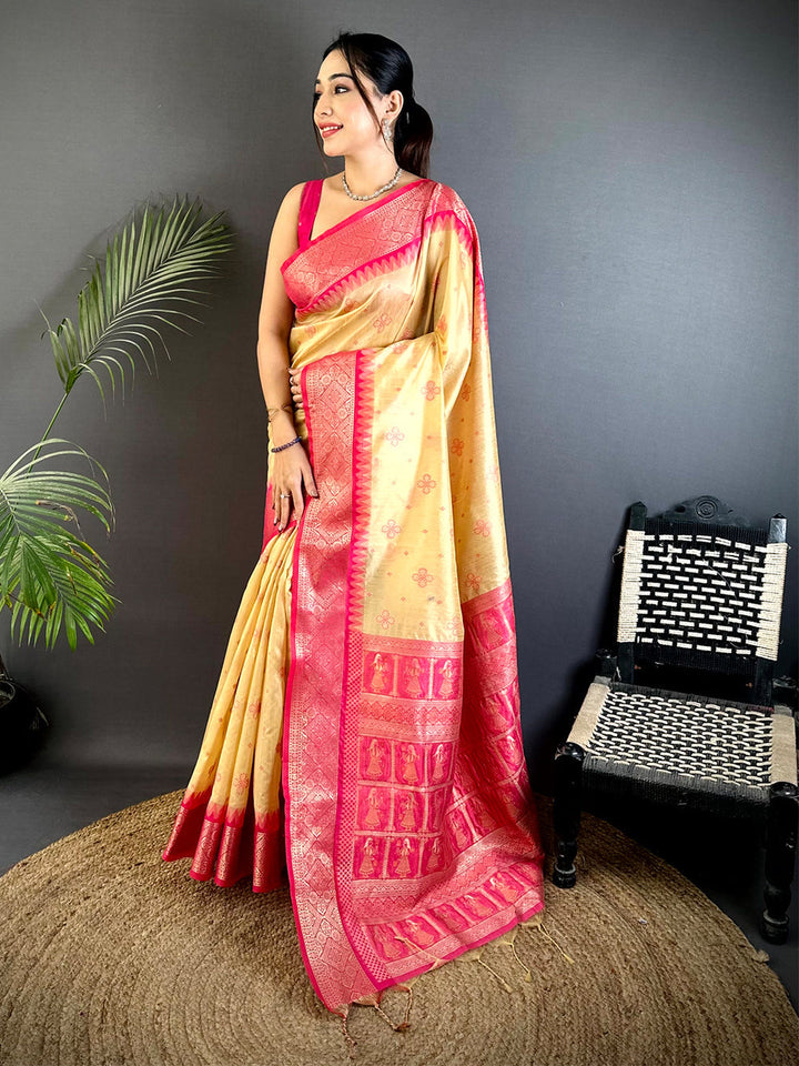 Golden Linen Silk Saree with Pink Zari Woven Border & Butta Work