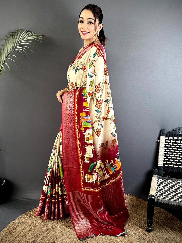 Cream Linen Silk Saree with Multicolor Floral Print & Maroon Zari Woven Border