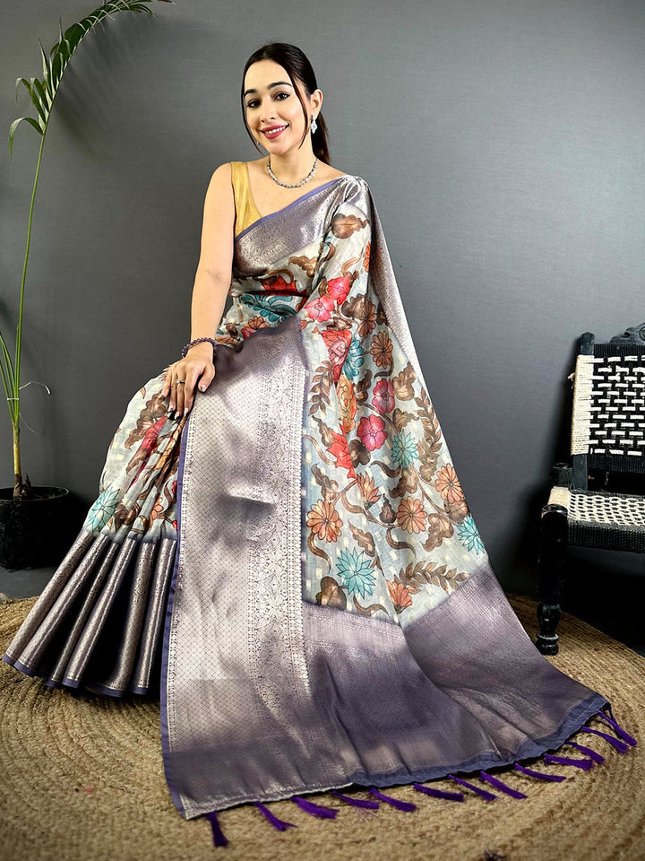 Lavender Linen Silk Saree with Floral Print & Zari Woven Pallu