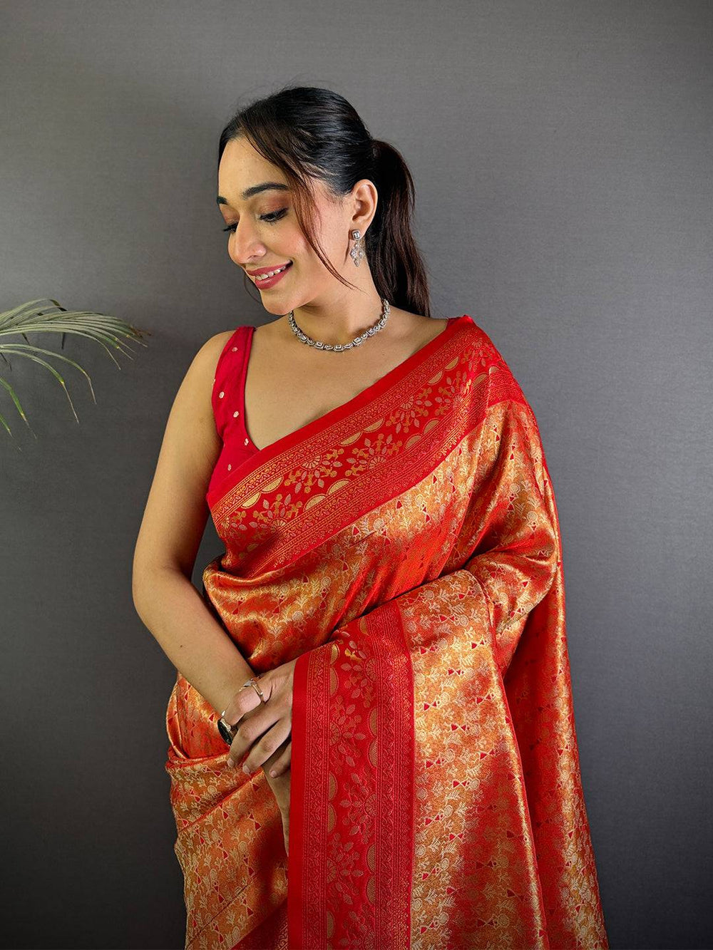 Red Banarasi Silk Saree with Rich Golden Zari Weaving