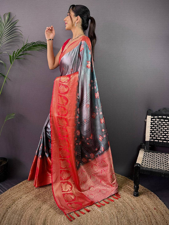 Red & Grey Banarasi Silk Saree with Floral Motifs and Rich Zari Woven Pallu