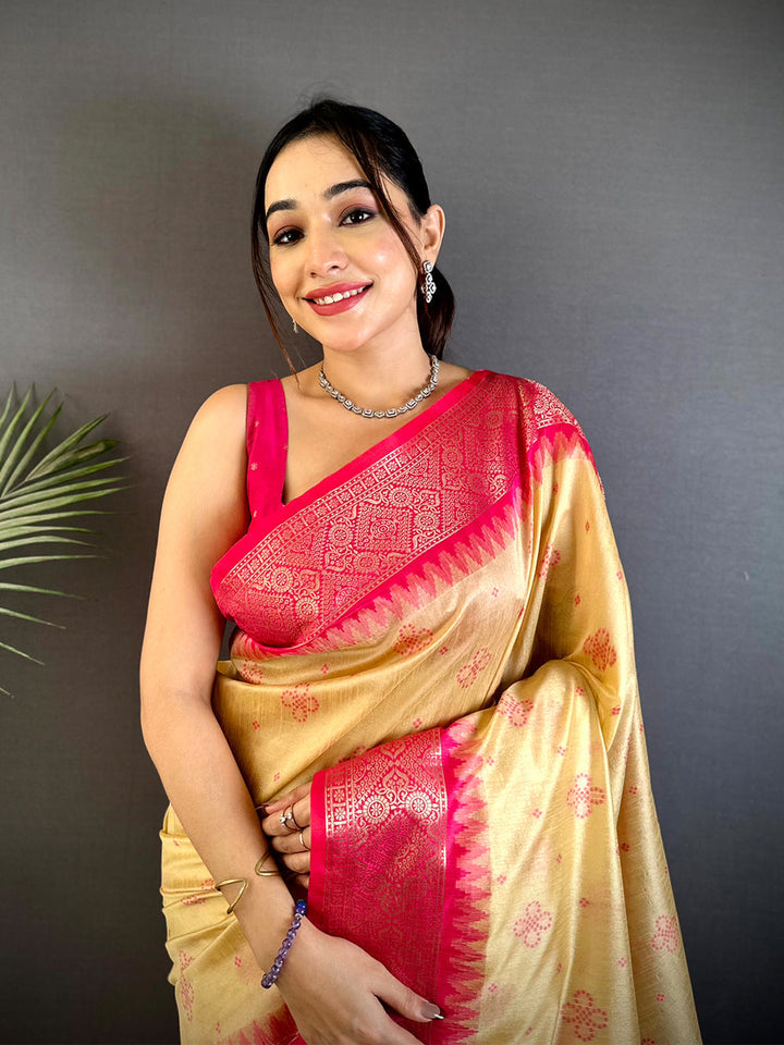 Golden Linen Silk Saree with Pink Zari Woven Border & Butta Work