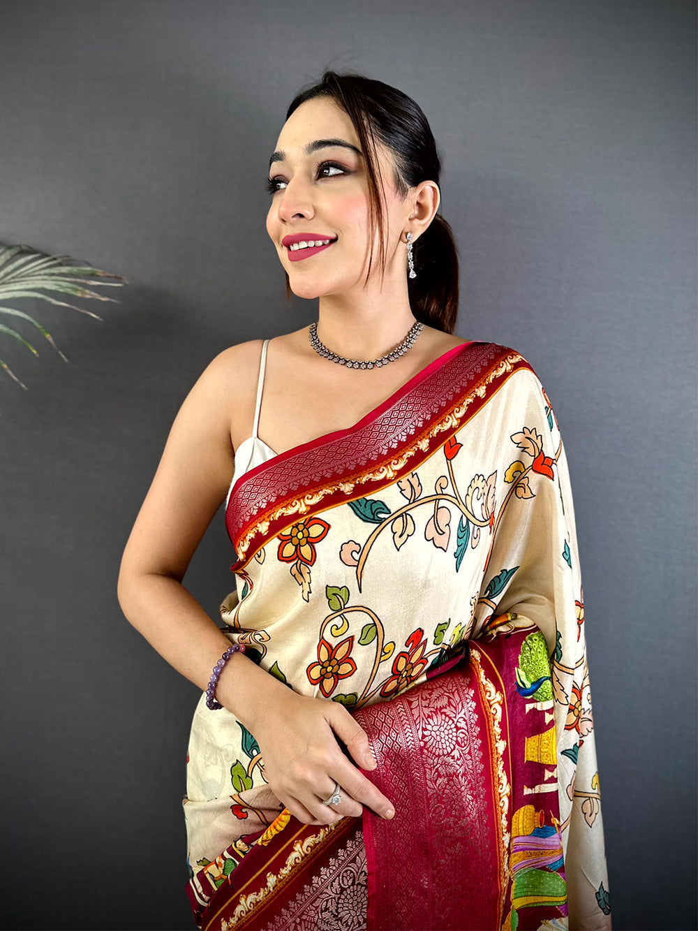 Cream Linen Silk Saree with Multicolor Floral Print & Maroon Zari Woven Border