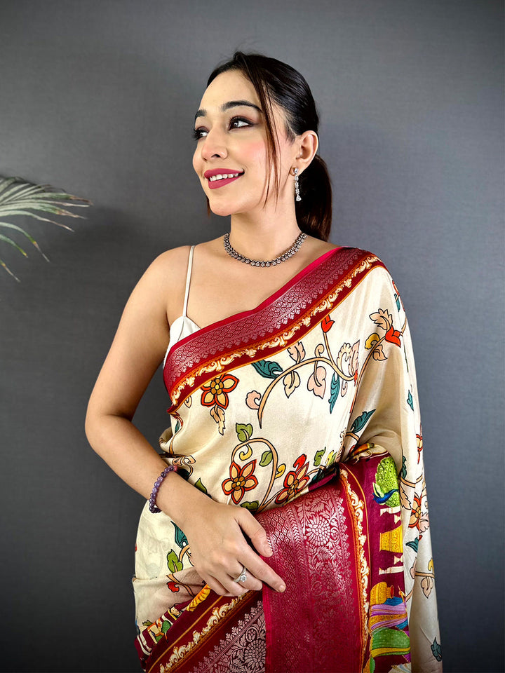 Cream Linen Silk Saree with Multicolor Floral Print & Maroon Zari Woven Border