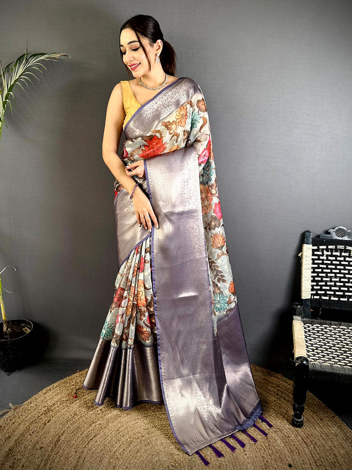 Lavender Linen Silk Saree with Floral Print & Zari Woven Pallu