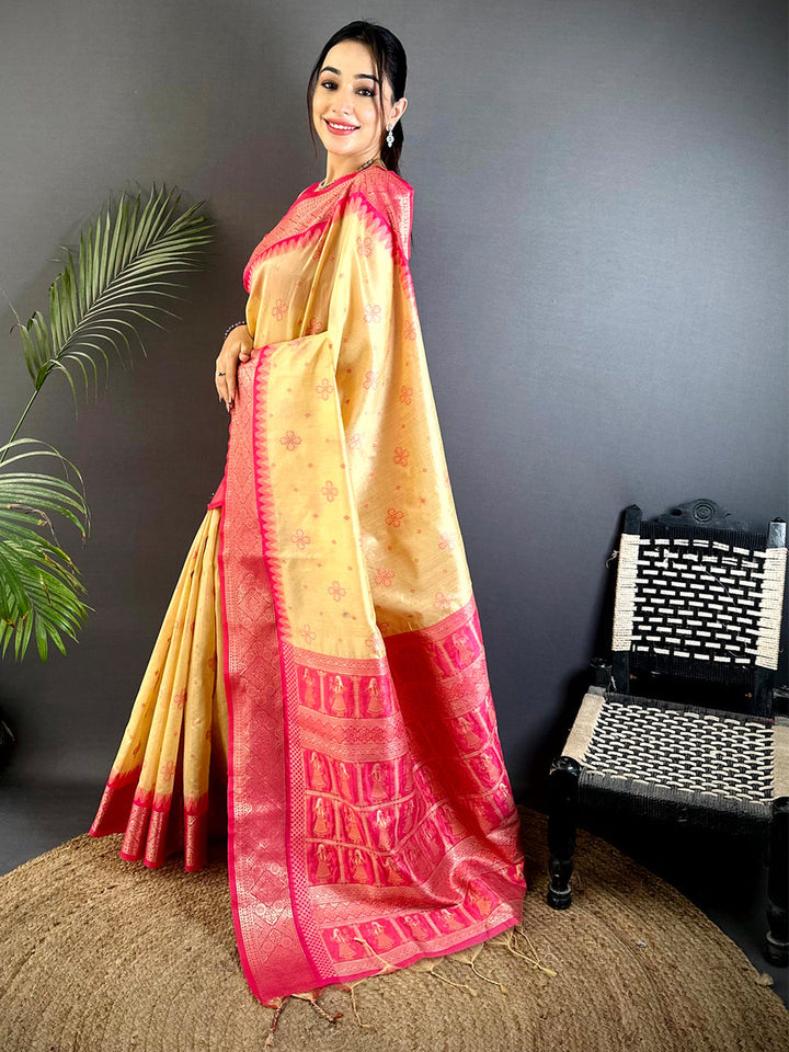 Golden Linen Silk Saree with Pink Zari Woven Border & Butta Work
