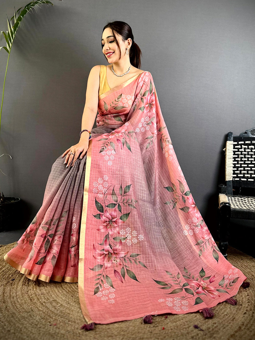 Pink & Grey Linen Silk Saree with Floral Digital Print & Golden Border