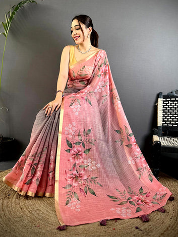 Pink & Grey Linen Silk Saree with Floral Digital Print & Golden Border