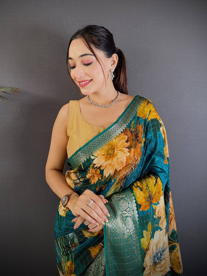 Teal Green Linen Silk Saree with Large Floral Print & Zari Woven Border
