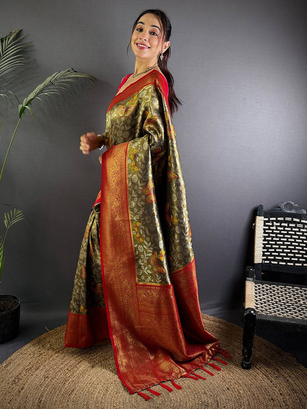 Red & Gold Banarasi Silk Saree with Intricate Woven Floral Zari Work