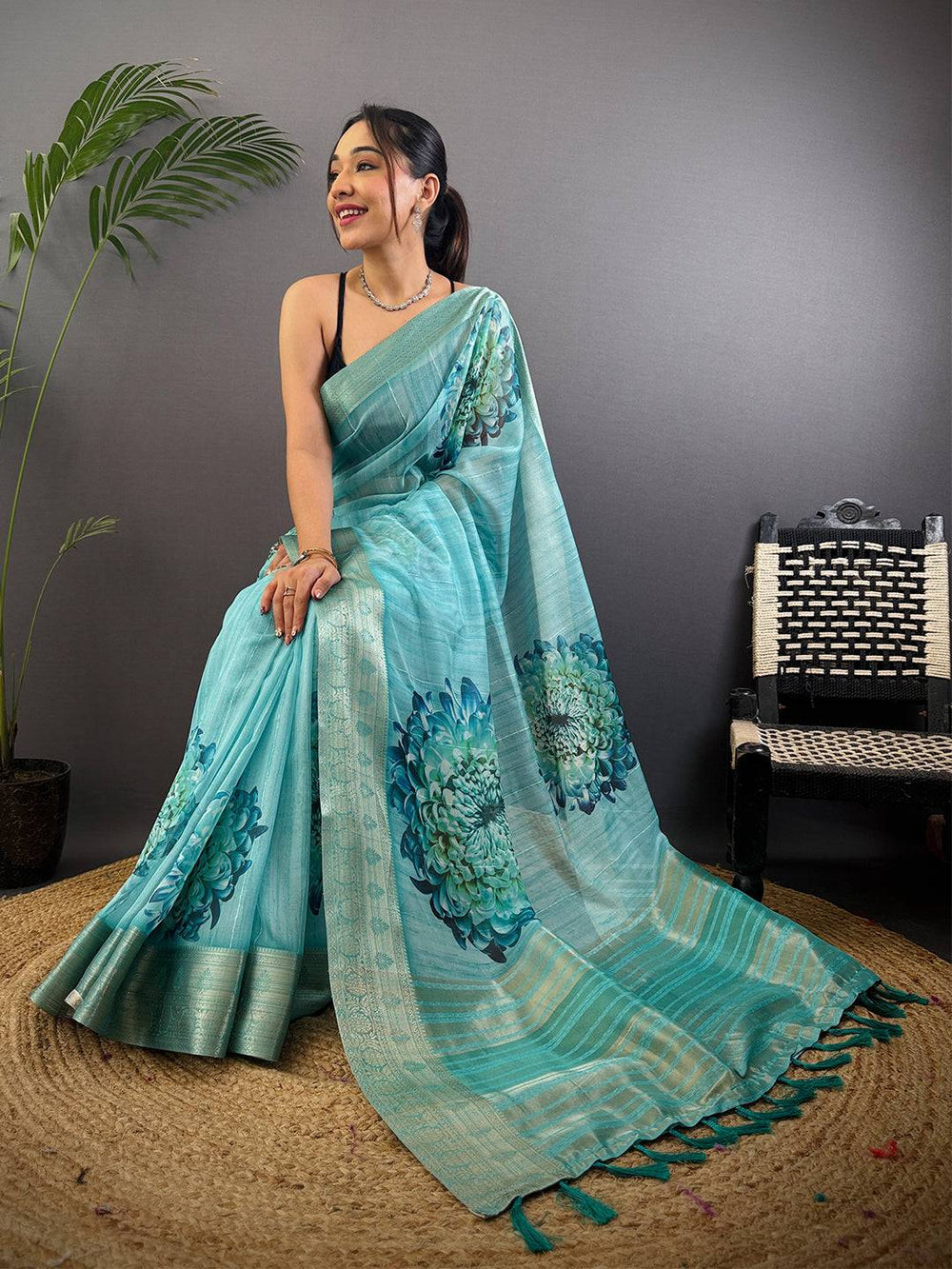 Turquoise Linen Silk Saree with Big Floral Print & Zari Border