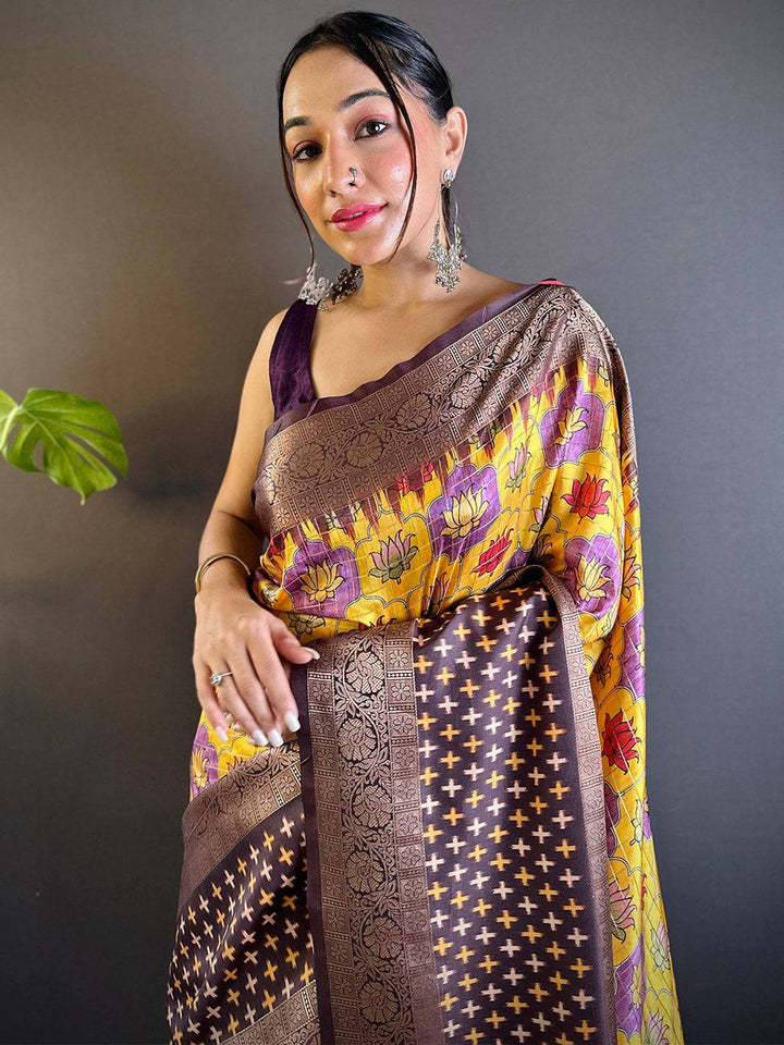 Yellow & Brown Banarasi Silk Saree with Floral Print and Geometric Zari Weaving