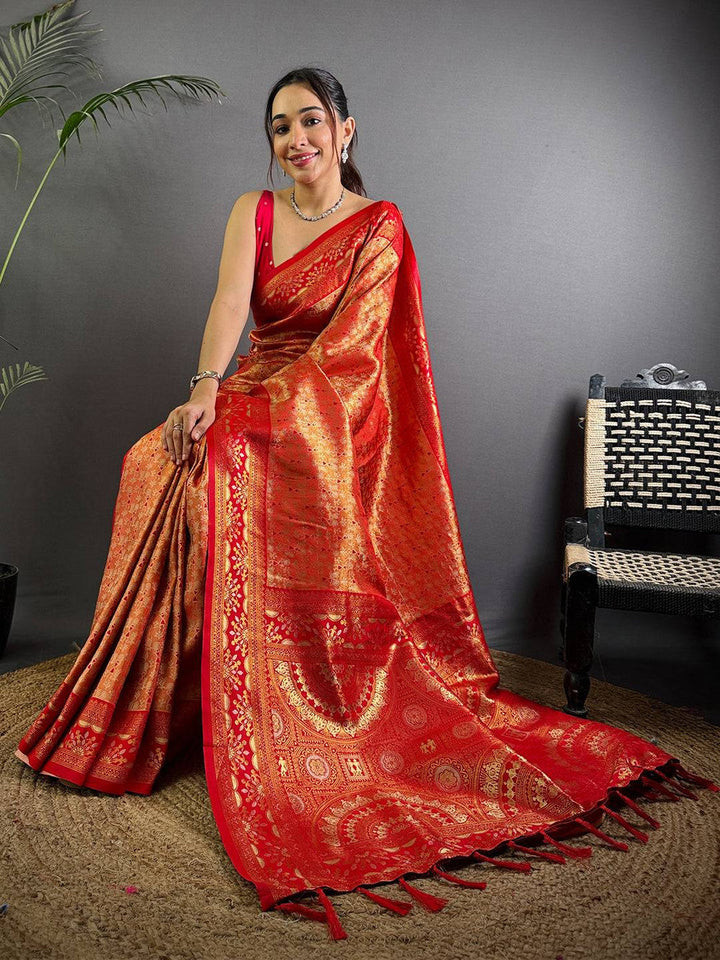 Red Banarasi Silk Saree with Rich Golden Zari Weaving