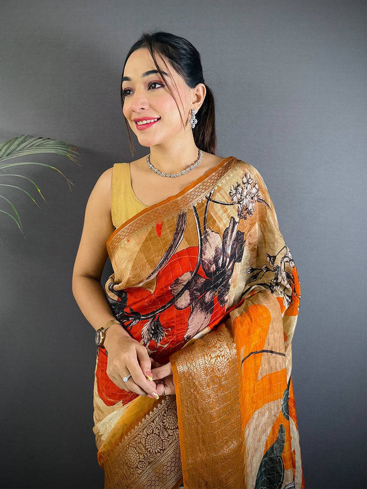Orange & Beige Linen Silk Saree with Bold Floral Print & Zari Woven Border