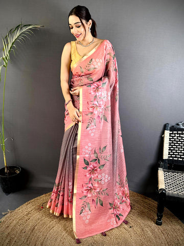 Pink & Grey Linen Silk Saree with Floral Digital Print & Golden Border