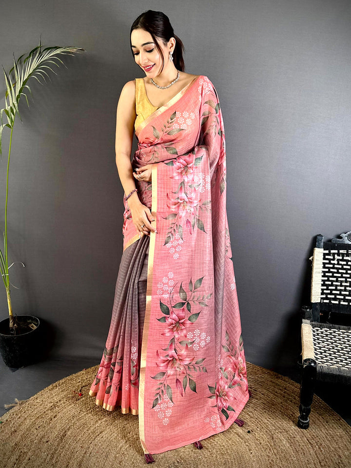 Pink & Grey Linen Silk Saree with Floral Digital Print & Golden Border
