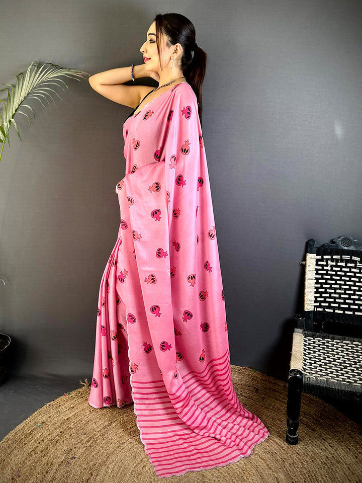 Pink Linen Silk Saree with Cute Pomegranate Print & Striped Pallu