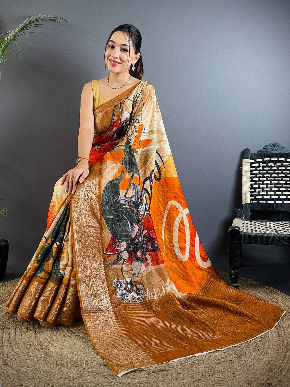 Orange & Beige Linen Silk Saree with Bold Floral Print & Zari Woven Border