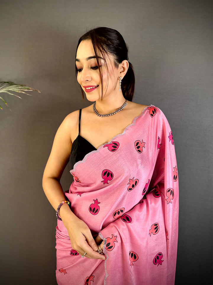 Pink Linen Silk Saree with Cute Pomegranate Print & Striped Pallu