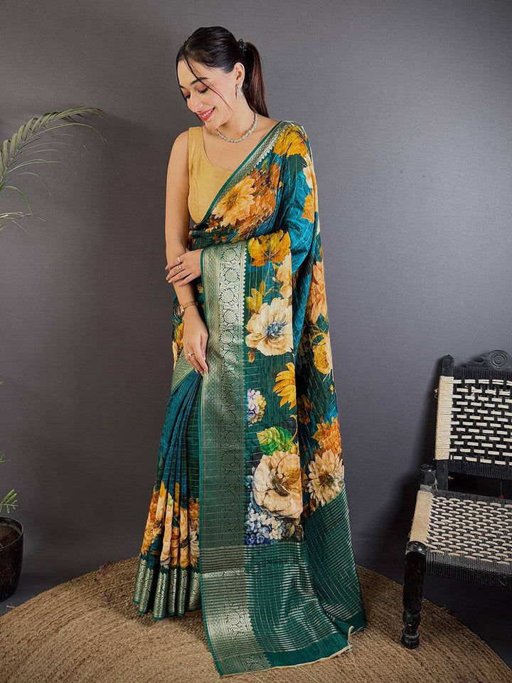 Teal Green Linen Silk Saree with Large Floral Print & Zari Woven Border