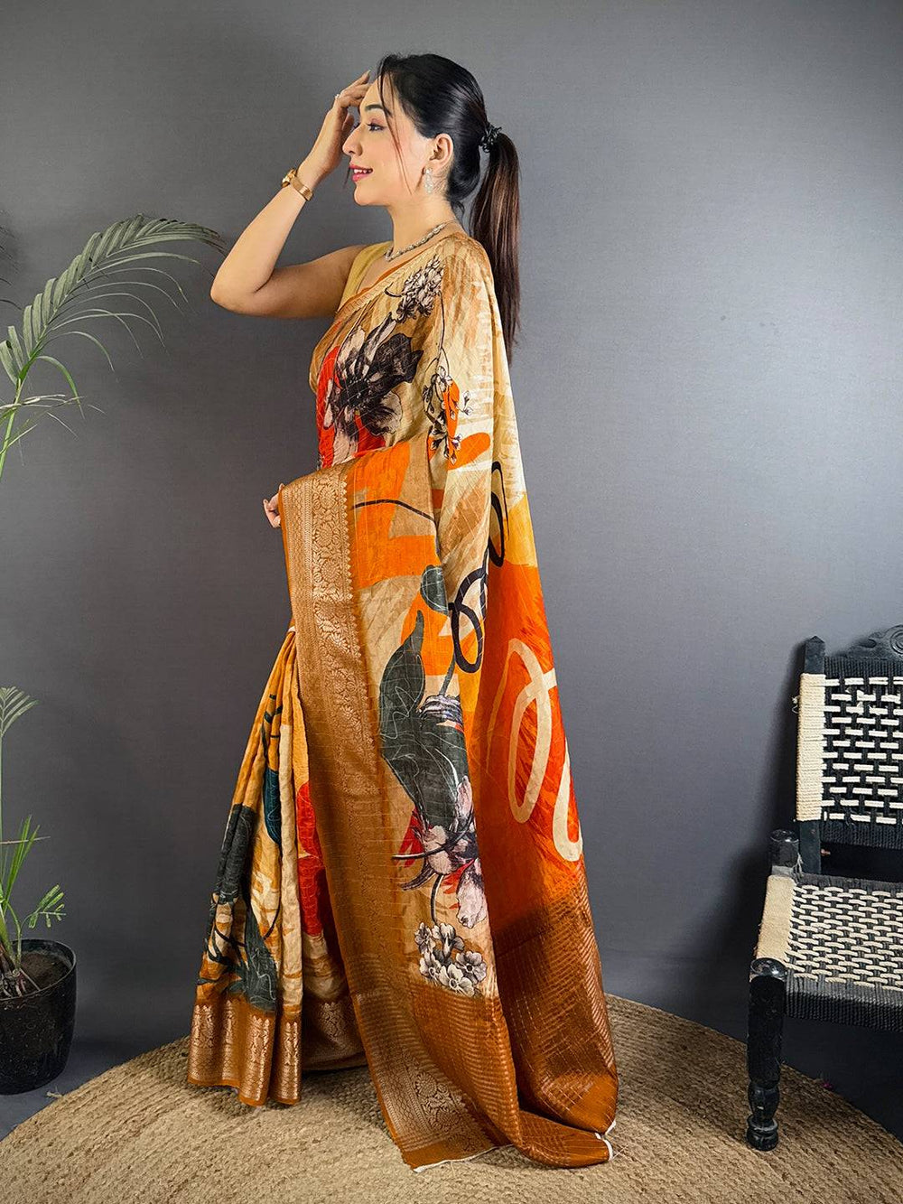 Orange & Beige Linen Silk Saree with Bold Floral Print & Zari Woven Border