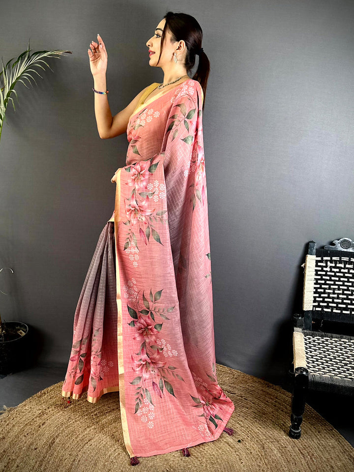 Pink & Grey Linen Silk Saree with Floral Digital Print & Golden Border