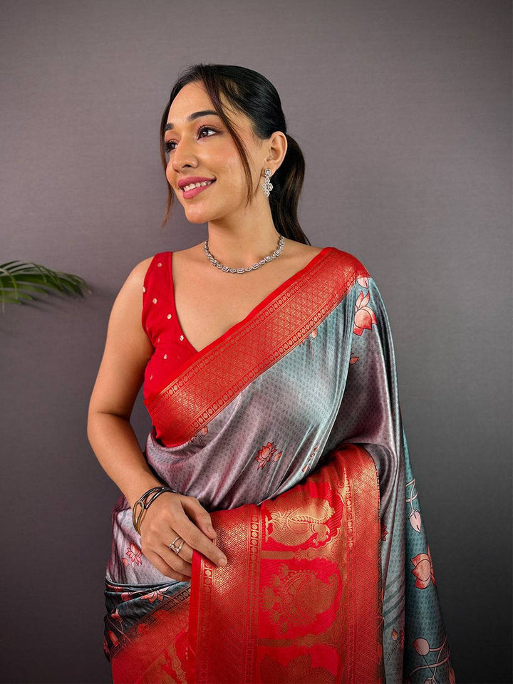 Red & Grey Banarasi Silk Saree with Floral Motifs and Rich Zari Woven Pallu
