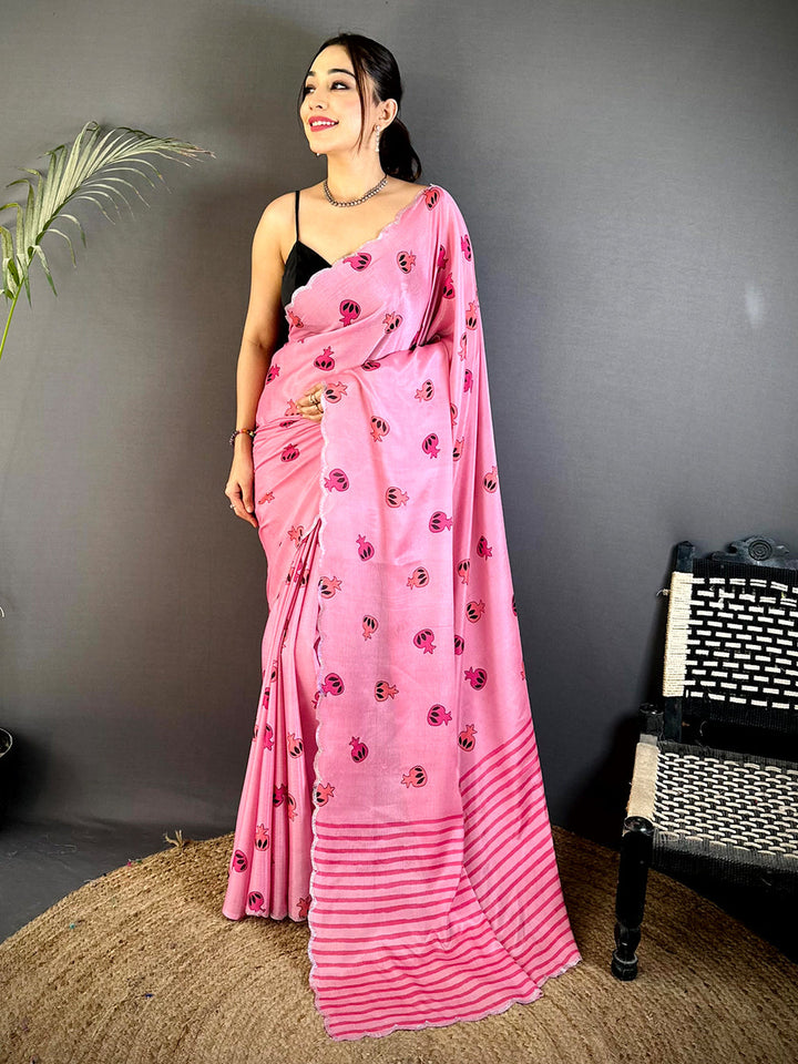 Pink Linen Silk Saree with Cute Pomegranate Print & Striped Pallu