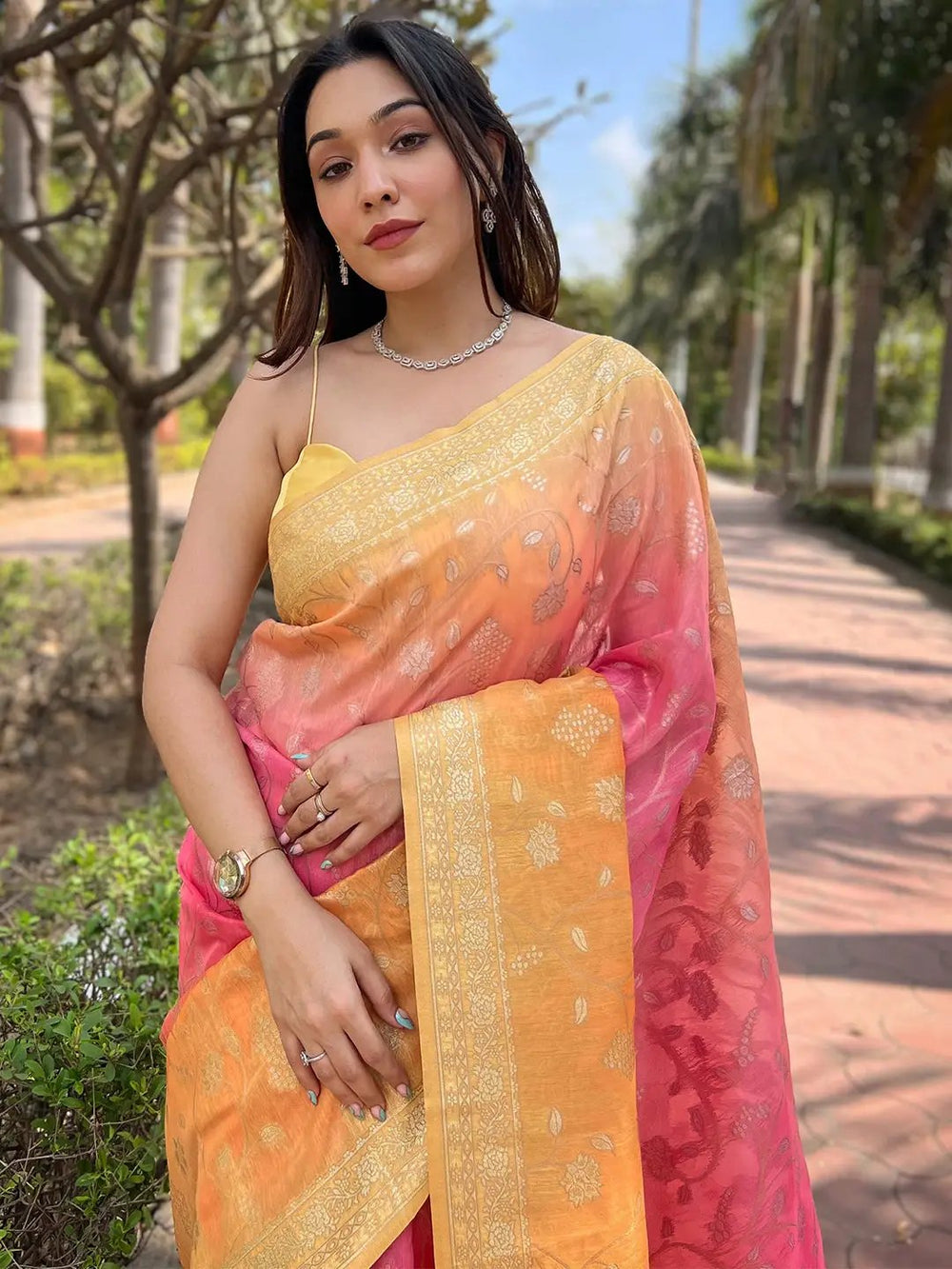 Yellow Pink Ombre Banarasi Silk Saree with Rich Zari Weaving & Traditional Pallu
